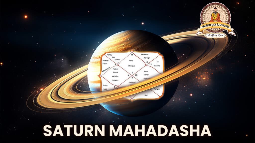 Image of the planet Saturn mahadasha with an astrological chart overlay